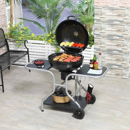 Black cast iron kettle grill with silver metal trolley frame and wheels portable charcoal grill by outsunny