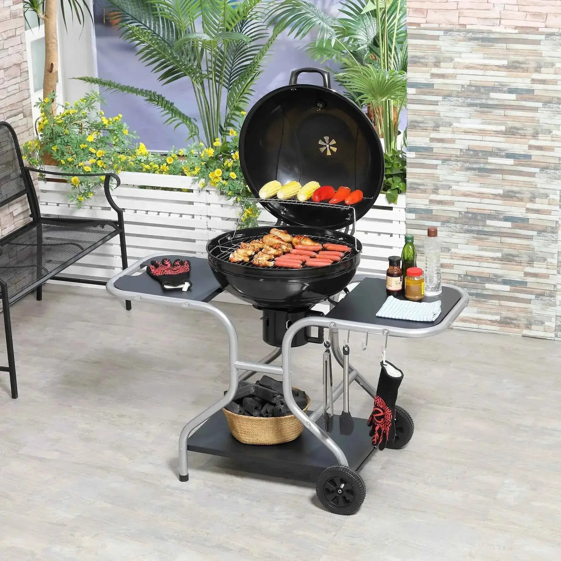 Outsunny Portable Charcoal Kettle Grill with Trolley - Black | 01-0561