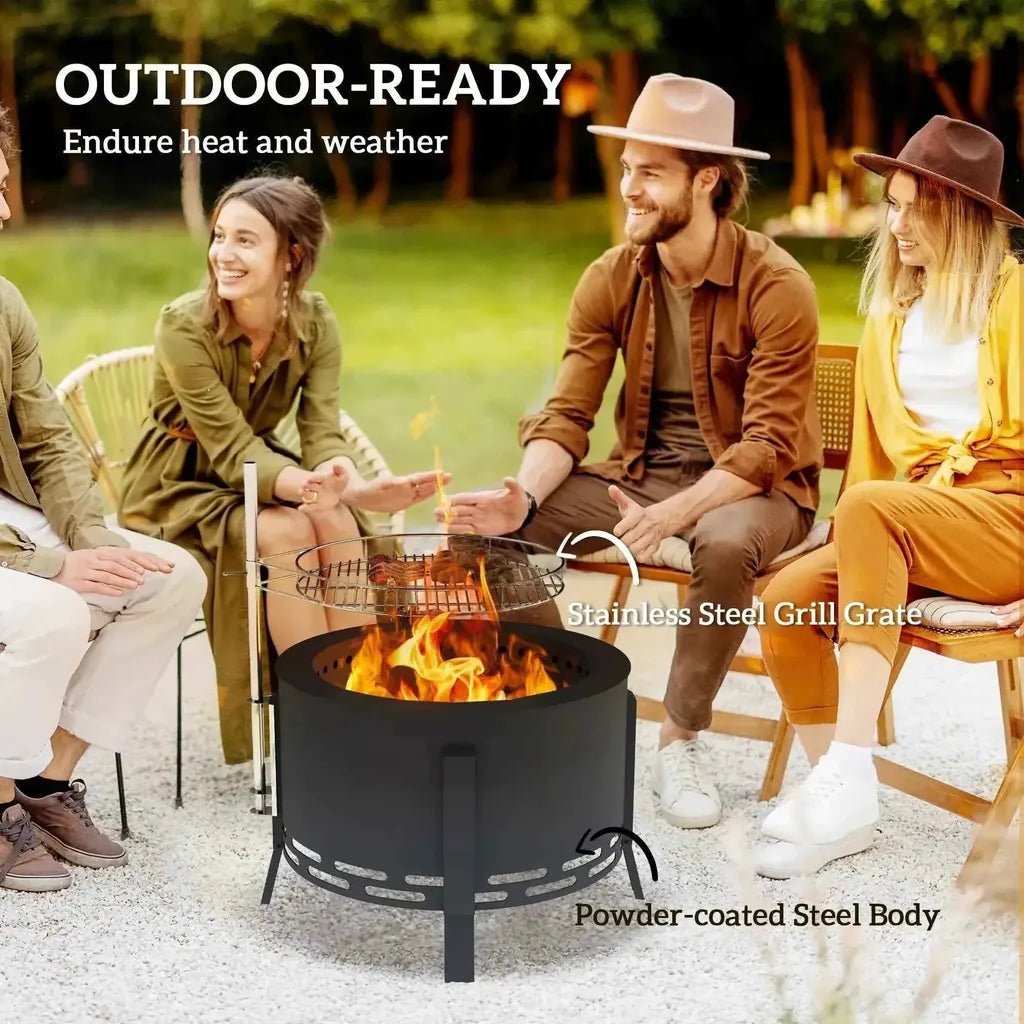 Outsunny portable 58cm round black powder-coated steel fire pit with stainless steel grill grate and ash catcher