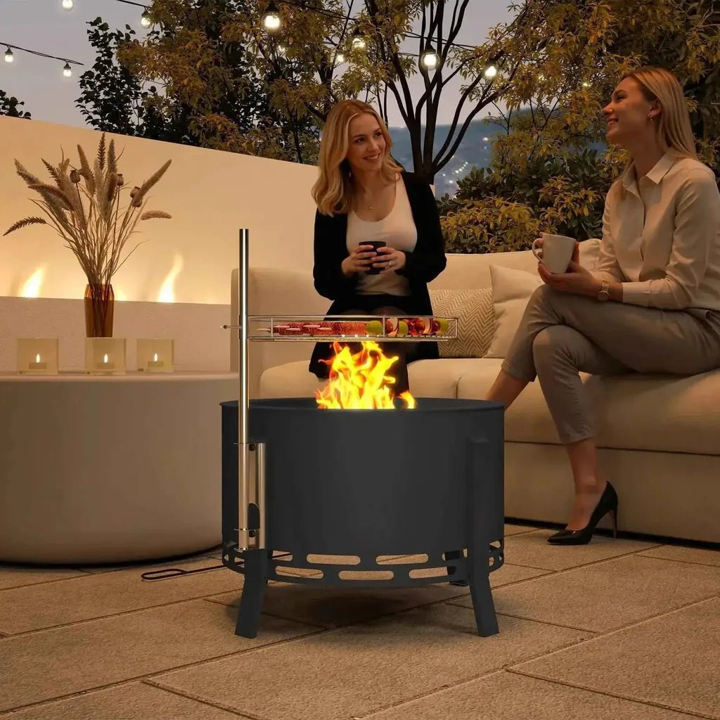 Dark gray metal Outsunny portable fire pit with built-in grill rack and standing legs for outdoor use