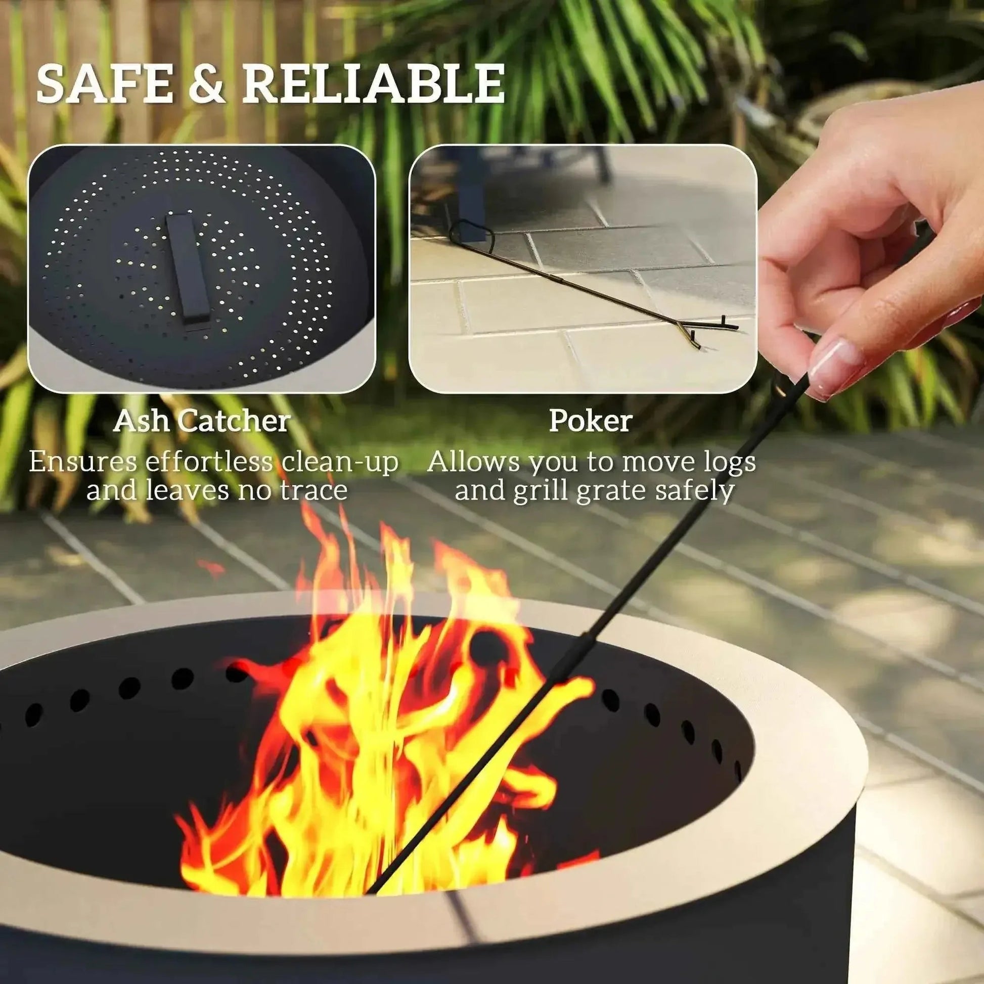 Black metal poker with long handle and pointed tip for safely moving logs and grill grates outdoors