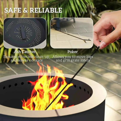 Black metal poker with long handle and pointed tip for safely moving logs and grill grates outdoors