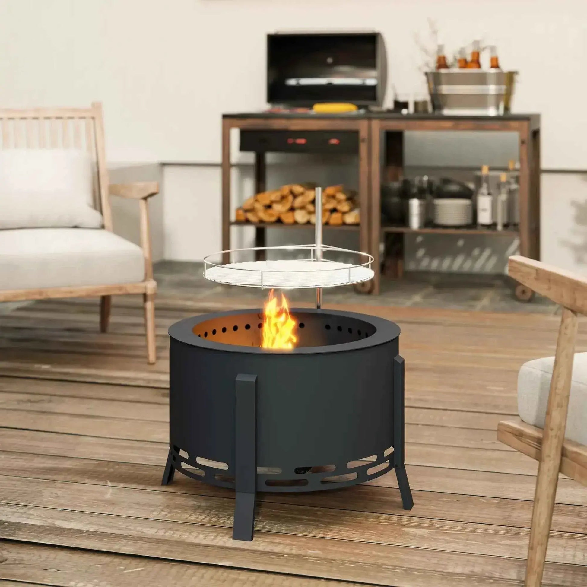 Outsunny Portable Fire Pit – 58cm Round, Grill Grate, Ash Catcher, Black | 842-385V00BK