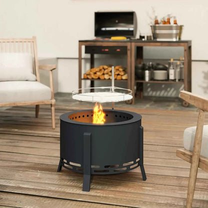 Outsunny Portable Fire Pit – 58cm Round, Grill Grate, Ash Catcher, Black | 842-385V00BK