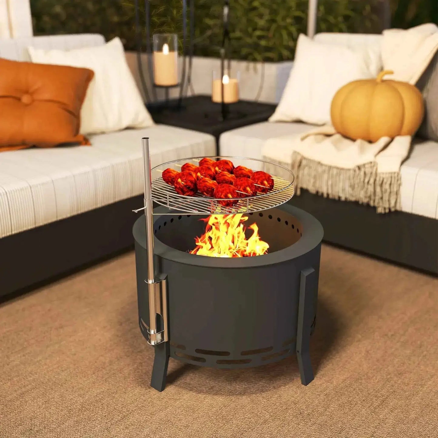 Outsunny Portable Fire Pit – 58cm Round, Grill Grate, Ash Catcher, Black | 842-385V00BK