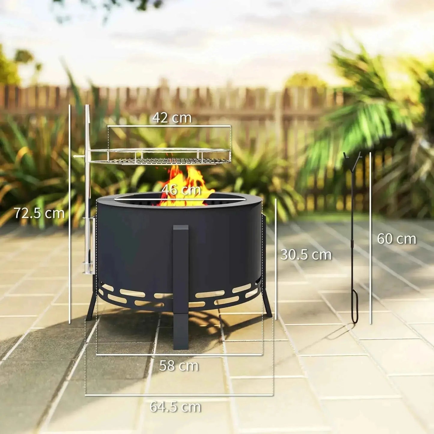 Black metal outsunny portable fire pit with built-in grill rack side tools 58cm round ash catcher