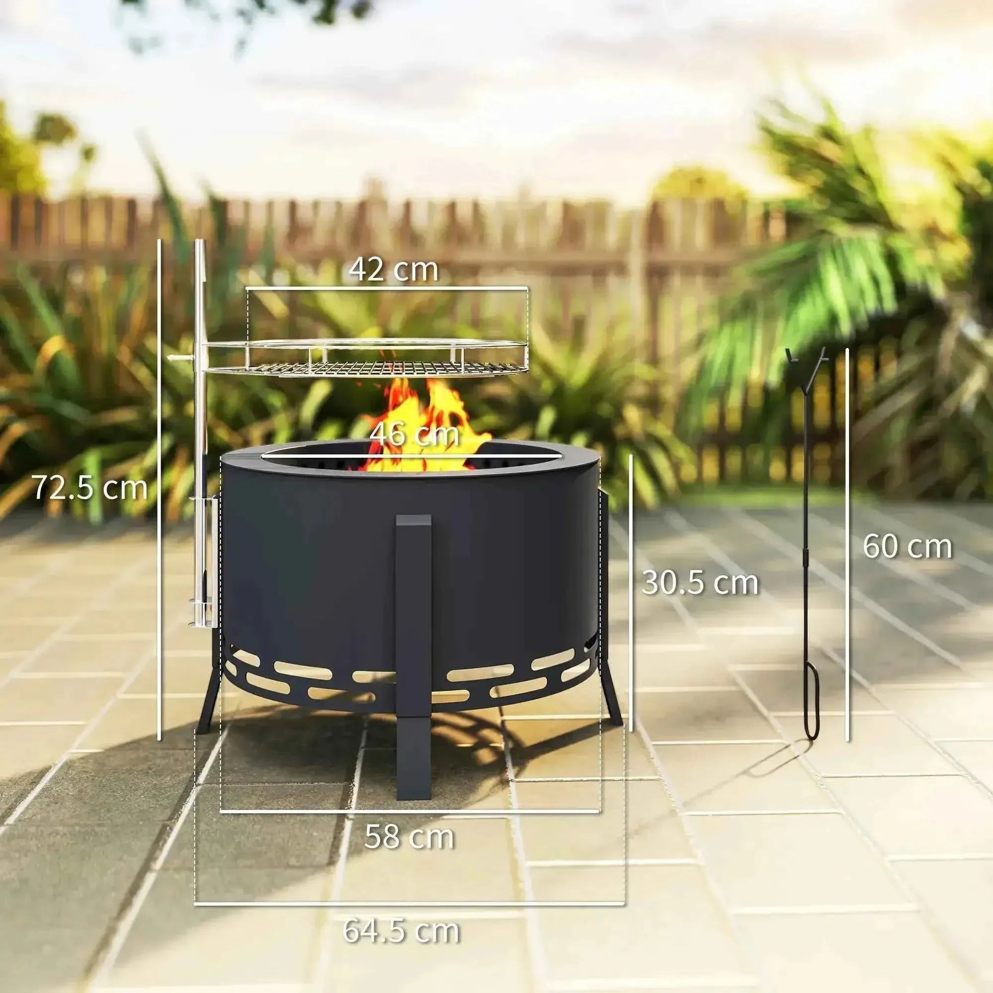 Black metal outsunny portable fire pit with built-in grill rack side tools 58cm round ash catcher