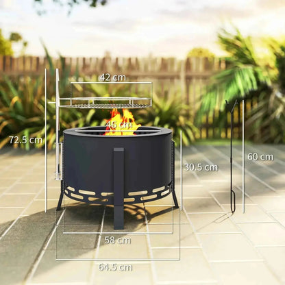 Black metal outsunny portable fire pit with built-in grill rack side tools 58cm round ash catcher