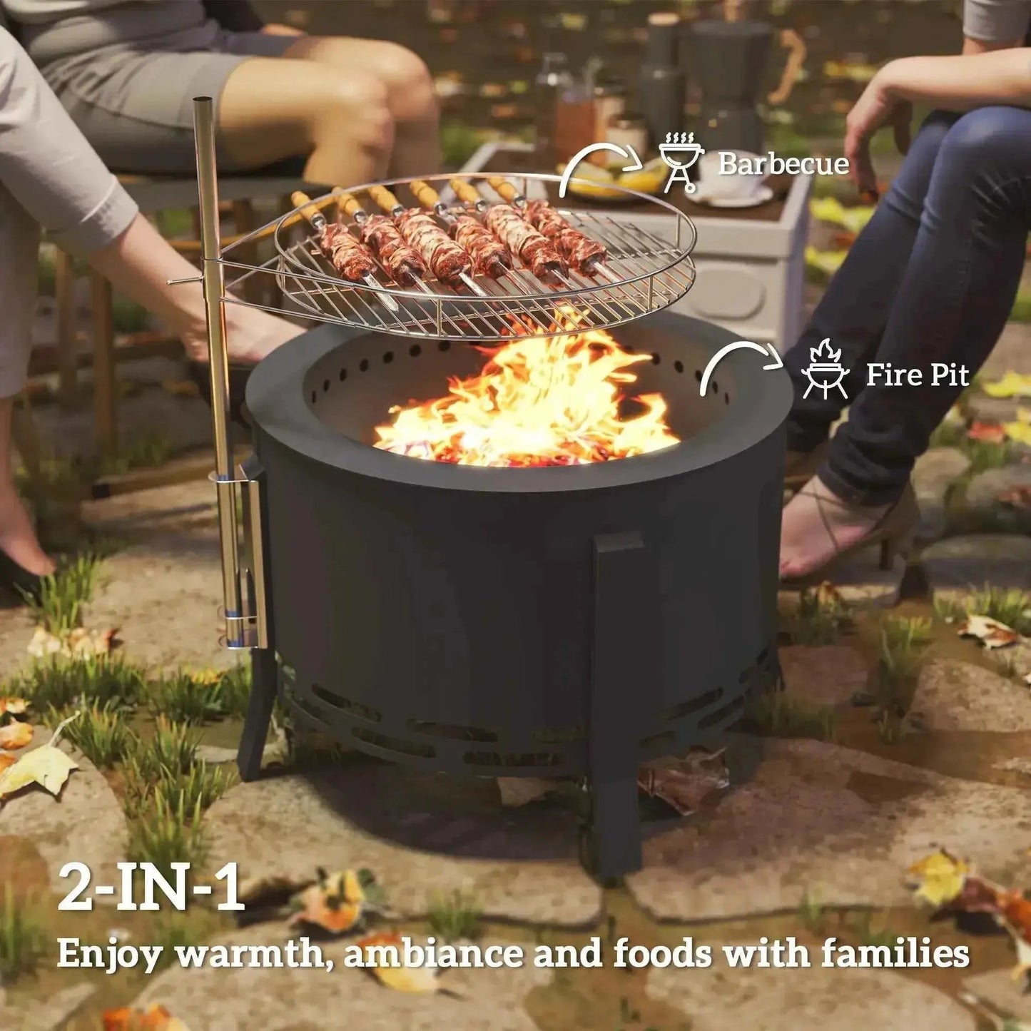 Outsunny portable black cylindrical fire pit with attached round metal grill grate for outdoor grilling and ash catching