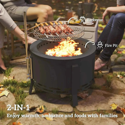 Outsunny portable black cylindrical fire pit with attached round metal grill grate for outdoor grilling and ash catching