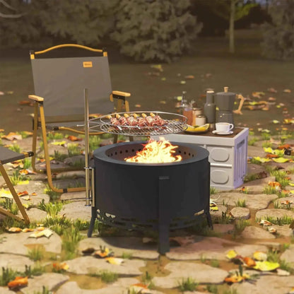 Outsunny portable black metal fire pit with 58cm round grill grate and ash catcher for outdoor cooking