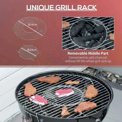Outsunny portable kettle charcoal grill black with a black circular grill rack and removable middle for easy charcoal addition