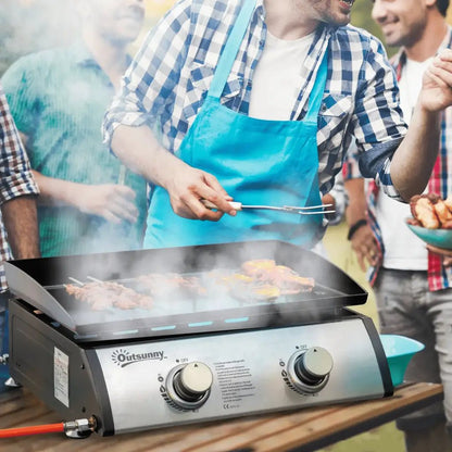 Outsunny Portable Tabletop Gas Plancha Grill w/ 2 Stainless Steel Burner, 10kW, Non - Stick Griddle for BBQ Camping Picnic Party 846 - 108V72SR - Garden & Outdoor