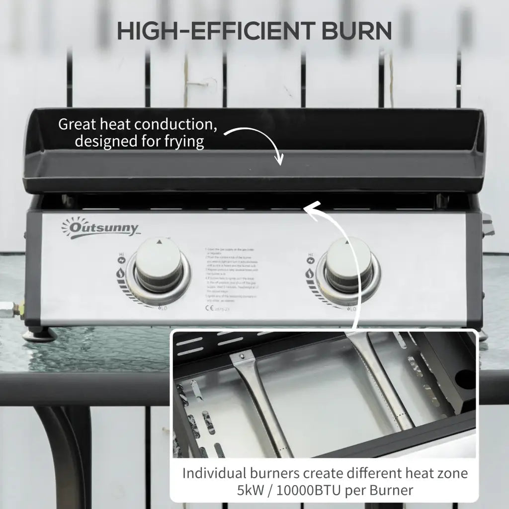 Outsunny Portable Tabletop Gas Plancha Grill w/ 2 Stainless Steel Burner, 10kW, Non - Stick Griddle for BBQ Camping Picnic Party 846 - 108V72SR - Garden & Outdoor