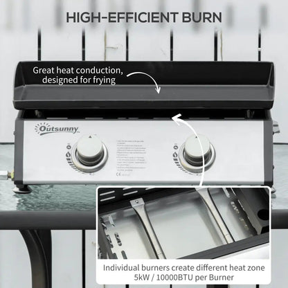 Outsunny Portable Tabletop Gas Plancha Grill w/ 2 Stainless Steel Burner, 10kW, Non - Stick Griddle for BBQ Camping Picnic Party 846 - 108V72SR - Garden & Outdoor