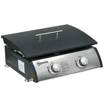 Outsunny Portable Tabletop Gas Plancha Grill w/ 2 Stainless Steel Burner, 10kW, Non - Stick Griddle for BBQ Camping Picnic Party 846 - 108V72SR - Garden & Outdoor