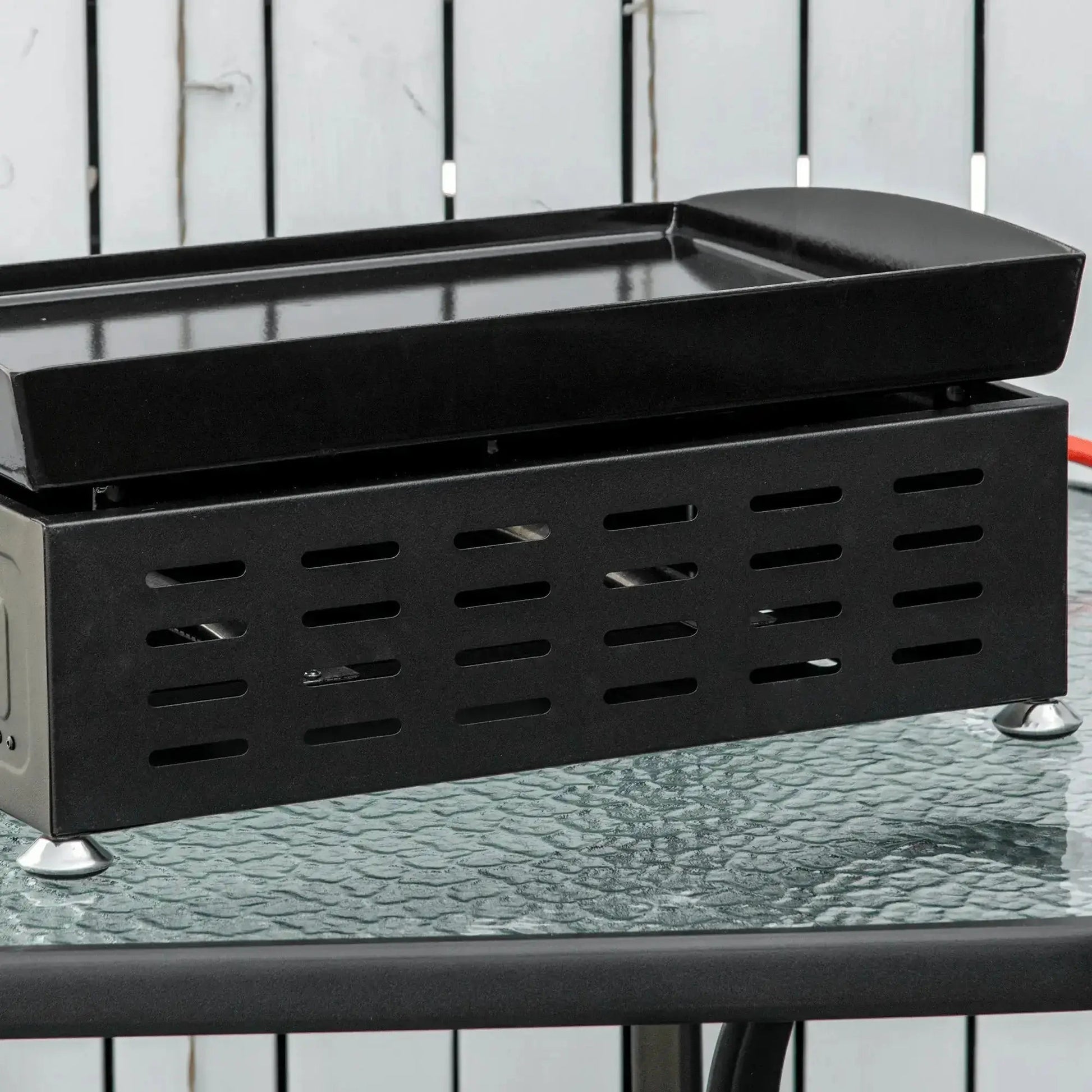 Outsunny portable tabletop gas plancha bbq in black with two stainless burners and a perforated ventilation base
