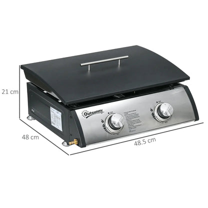 Outsunny Portable Tabletop Gas Plancha Grill w/ 2 Stainless Steel Burner, 10kW, Non - Stick Griddle for BBQ Camping Picnic Party 846 - 108V72SR - Garden & Outdoor