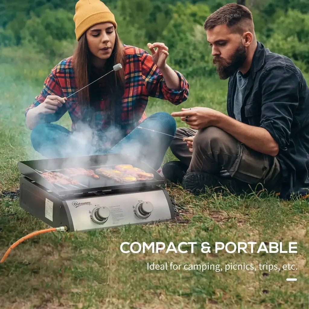 Outsunny portable tabletop gas plancha bbq with dual stainless steel burners in black for outdoor cooking