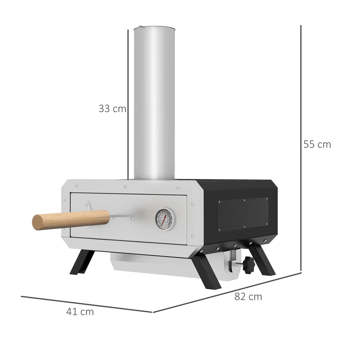 Outsunny portable wood pellet pizza oven in black stainless steel with wooden handle, silver chimney, and pressure gauge
