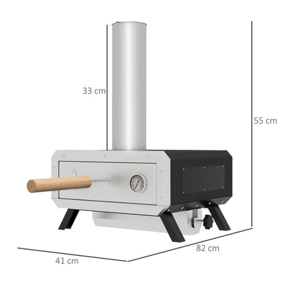 Outsunny portable wood pellet pizza oven in black stainless steel with wooden handle, silver chimney, and pressure gauge