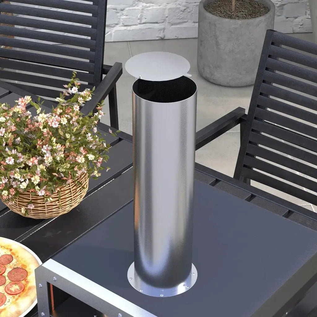 Silver stainless steel outdoor trash can with matching lid for outsunny portable wood pellet pizza oven setup