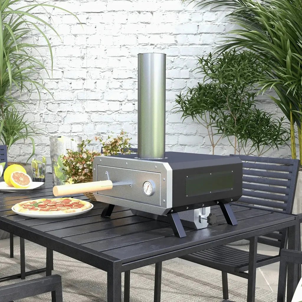 Silver and black outsunny portable wood pellet pizza oven with rotating stone and cylindrical chimney for outdoor use