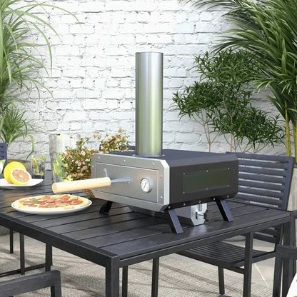 Silver and black outsunny portable wood pellet pizza oven with rotating stone and cylindrical chimney for outdoor use