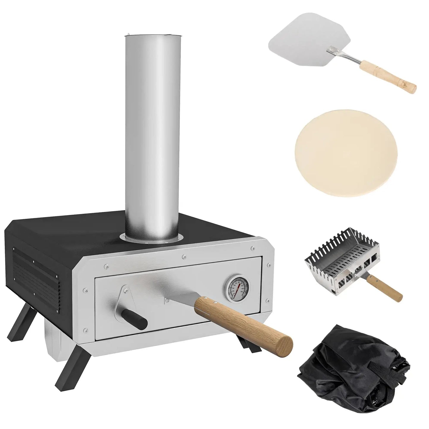 Outsunny Portable Wood Pellet Pizza Oven with 12" / 30cm Rotating Pizza Stone, Peel and Cover, Wood Fired Pizza Maker with Thermometer for Outdoor Garden Cooking 846 - 123V00BK - Garden & Outdoor