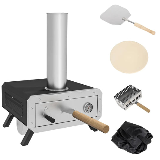Outsunny Portable Wood Pellet Pizza Oven with 12" / 30cm Rotating Pizza Stone, Peel and Cover, Wood Fired Pizza Maker with Thermometer for Outdoor Garden Cooking 846 - 123V00BK - Garden & Outdoor