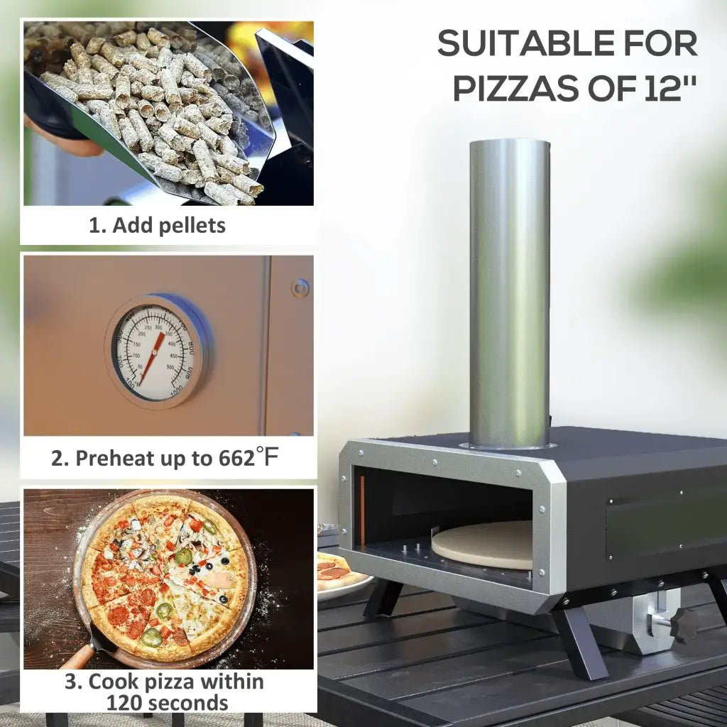 Outsunny Portable Wood Pellet Pizza Oven with 12" / 30cm Rotating Pizza Stone, Peel and Cover, Wood Fired Pizza Maker with Thermometer for Outdoor Garden Cooking 846 - 123V00BK - Garden & Outdoor