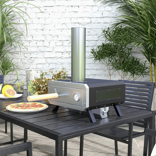 Outsunny Portable Wood Pellet Pizza Oven with 12" / 30cm Rotating Pizza Stone, Peel and Cover, Wood Fired Pizza Maker with Thermometer for Outdoor Garden Cooking 846 - 123V00BK - Garden & Outdoor