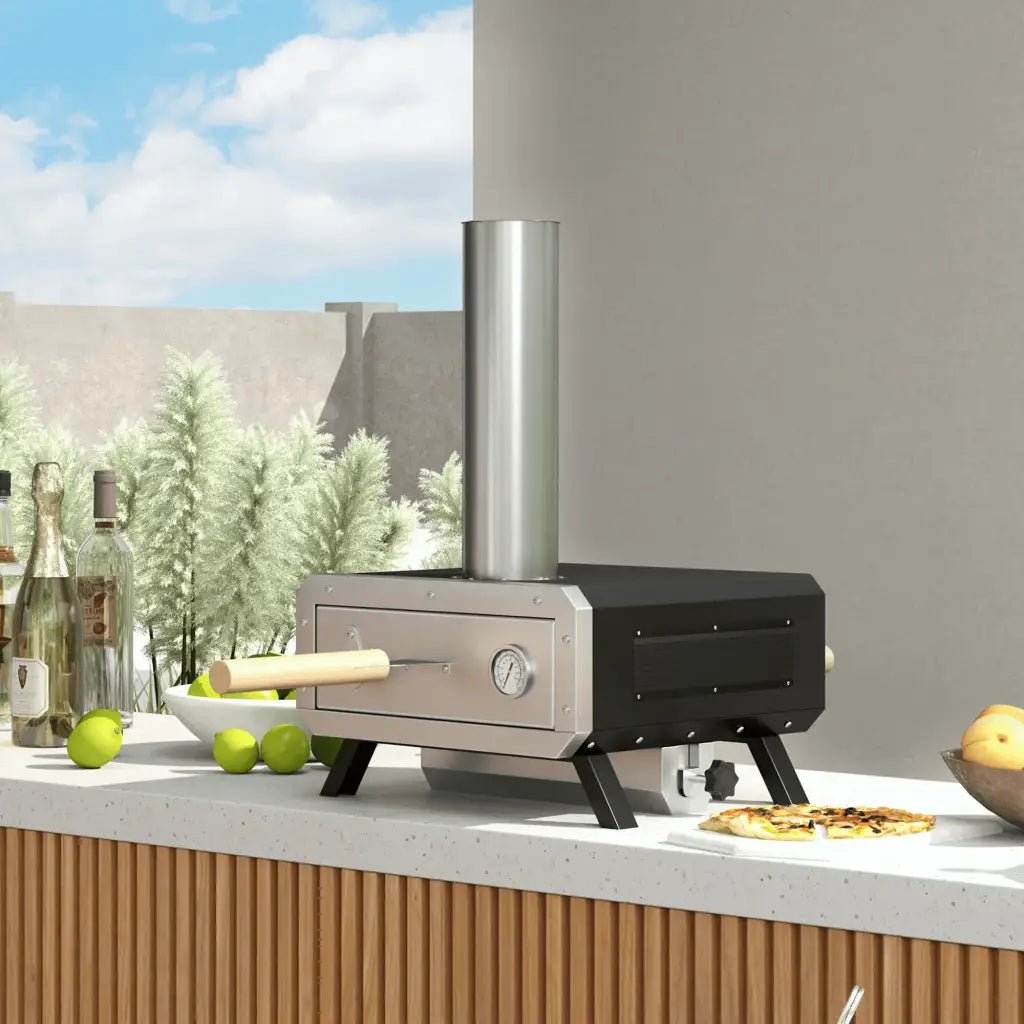 Outsunny Portable Wood Pellet Pizza Oven with 12" / 30cm Rotating Pizza Stone, Peel and Cover, Wood Fired Pizza Maker with Thermometer for Outdoor Garden Cooking 846 - 123V00BK - Garden & Outdoor