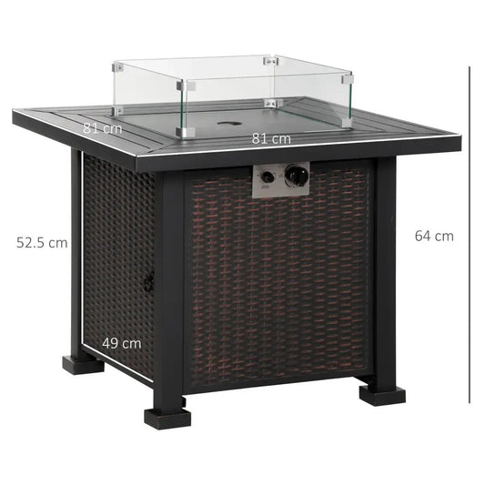 Outsunny Square Propane Gas Fire Pit Table, 50000 BTU Rattan Smokeless Firepit Patio Heater with Glass Screen, Glass Beads and Lid, 81cm x 81cm x 64cm, Black 842 - 252V01SR - Garden & Outdoor