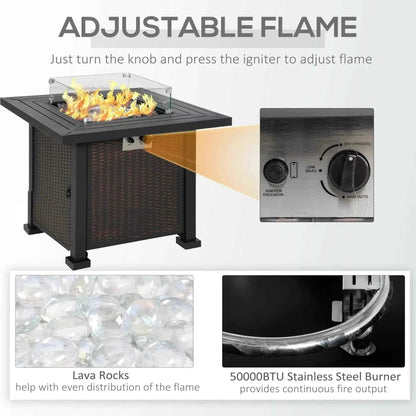 Outsunny Propane Gas Fire Pit Table with Glass Screen - Black | 842-252V01SR