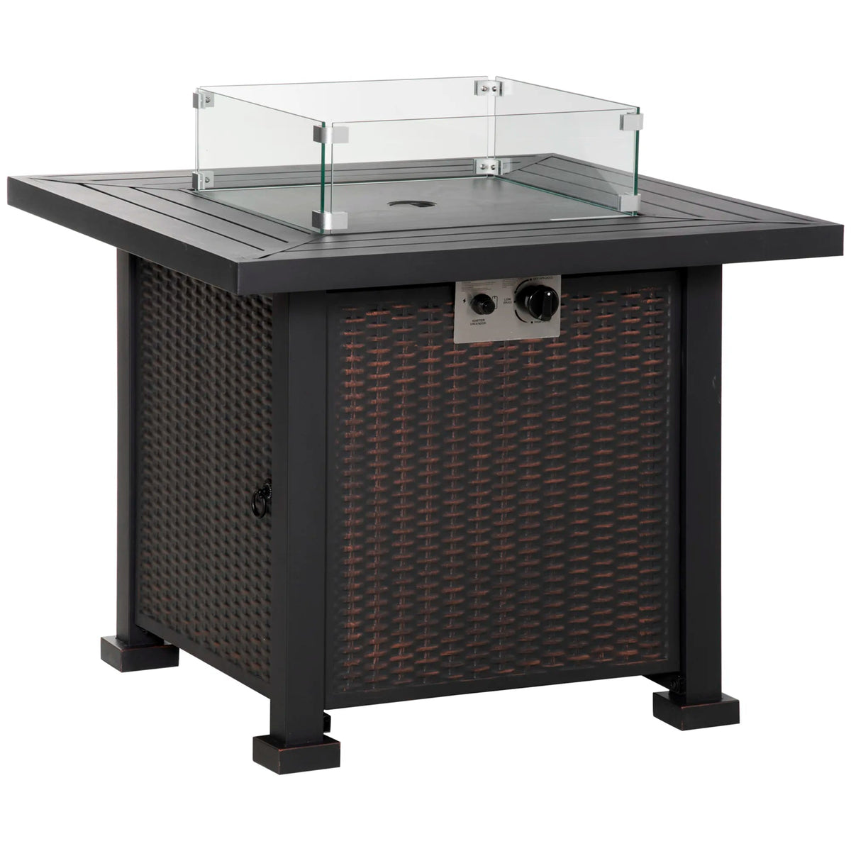 Outsunny black wicker propane gas fire pit table with glass top screen and control panel for outdoor use