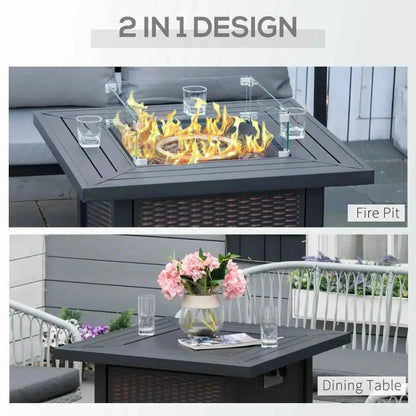 Outsunny black propane gas fire pit table with glass screen featuring a two-in-one glass top flame and solid surface