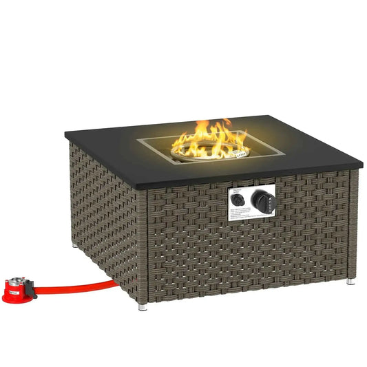 Outsunny Rattan Gas Fire Pit Table – 13KW Smokeless, Lid, Grey | 867-288V00GY