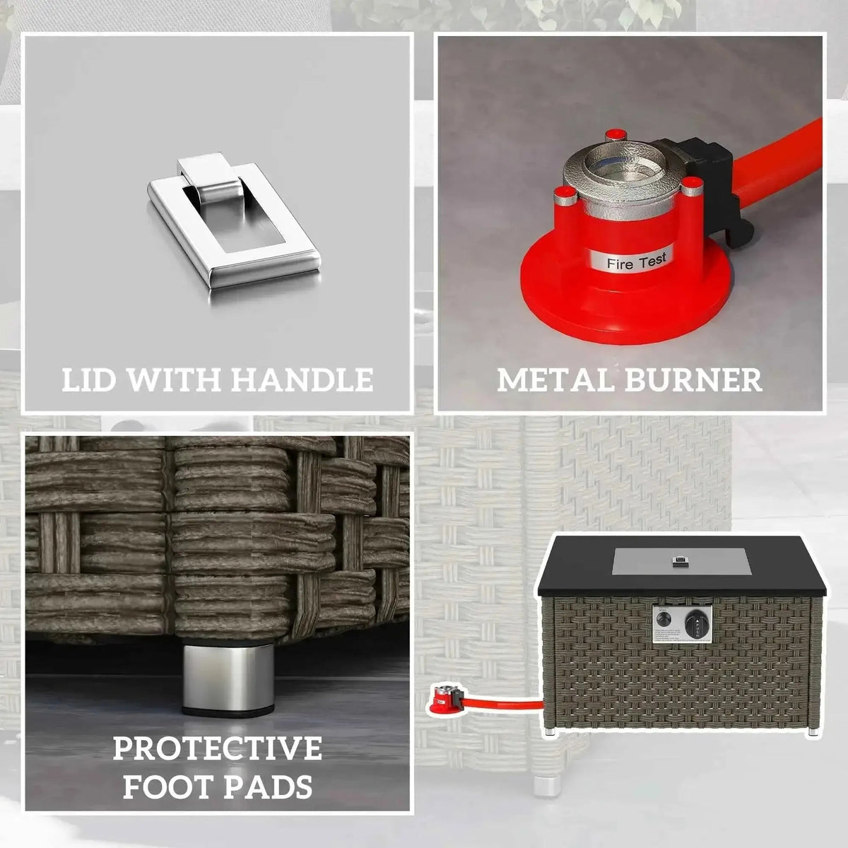 Gray woven wicker outdoor fire pit table with black lid and stainless steel accents by outsunny