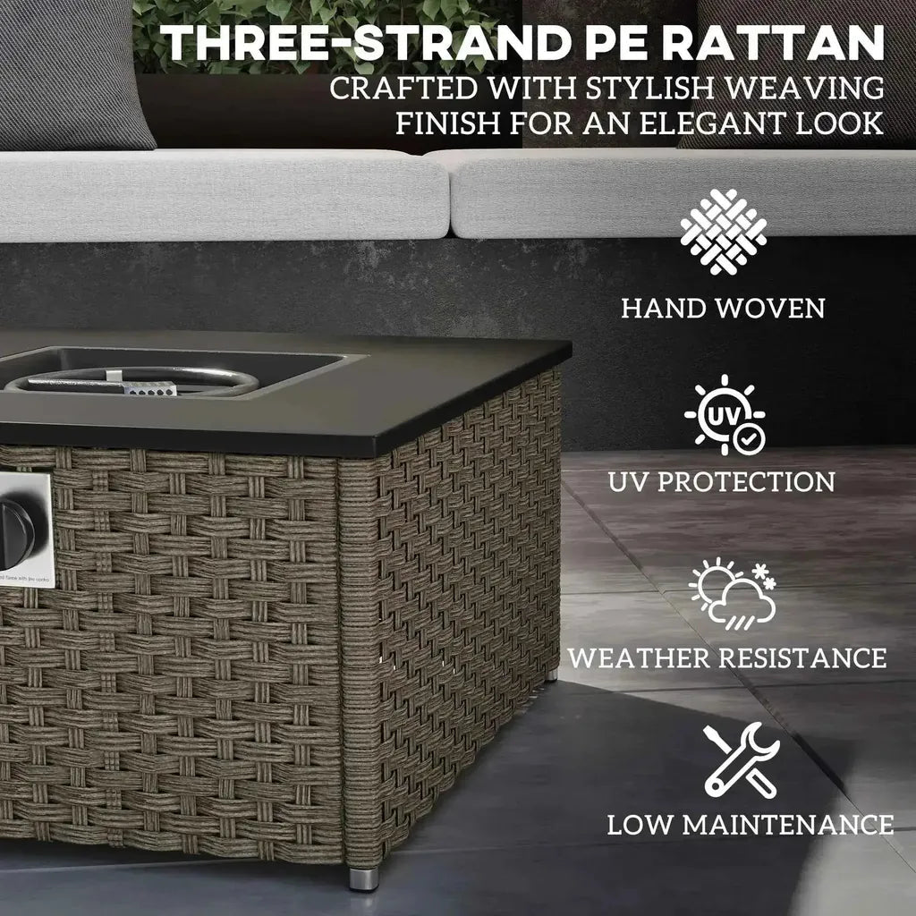 Outsunny dark gray three-strand pe rattan outdoor gas fire pit table with hand-woven texture and black countertop