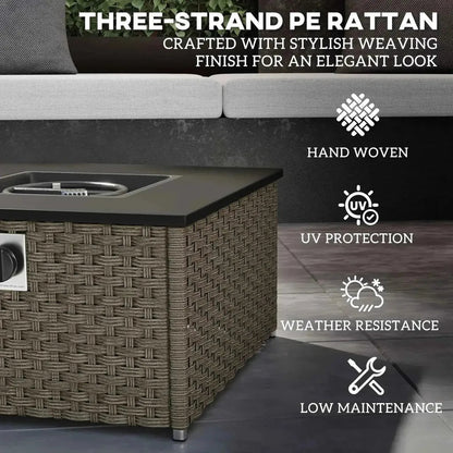 Outsunny dark gray three-strand pe rattan outdoor gas fire pit table with hand-woven texture and black countertop