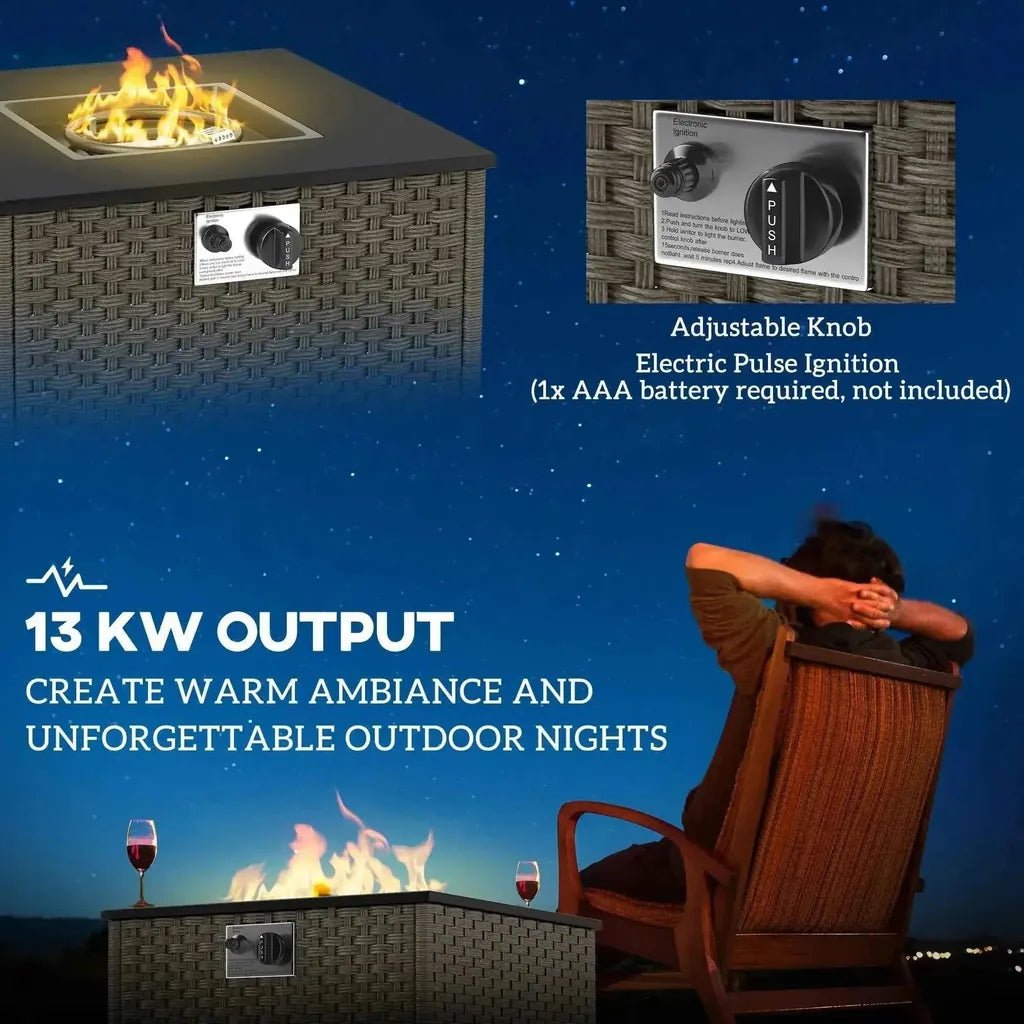 Outsunny woven gray rattan gas fire pit table with electric pulse ignition system and smokeless 13kw flame