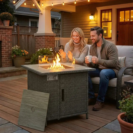 Outsunny Rattan Gas Fire Pit Table – 71cm Square with Wind Guard & Cover | 867 - 123V00CG - Fire Pits, Fireplaces, Heating