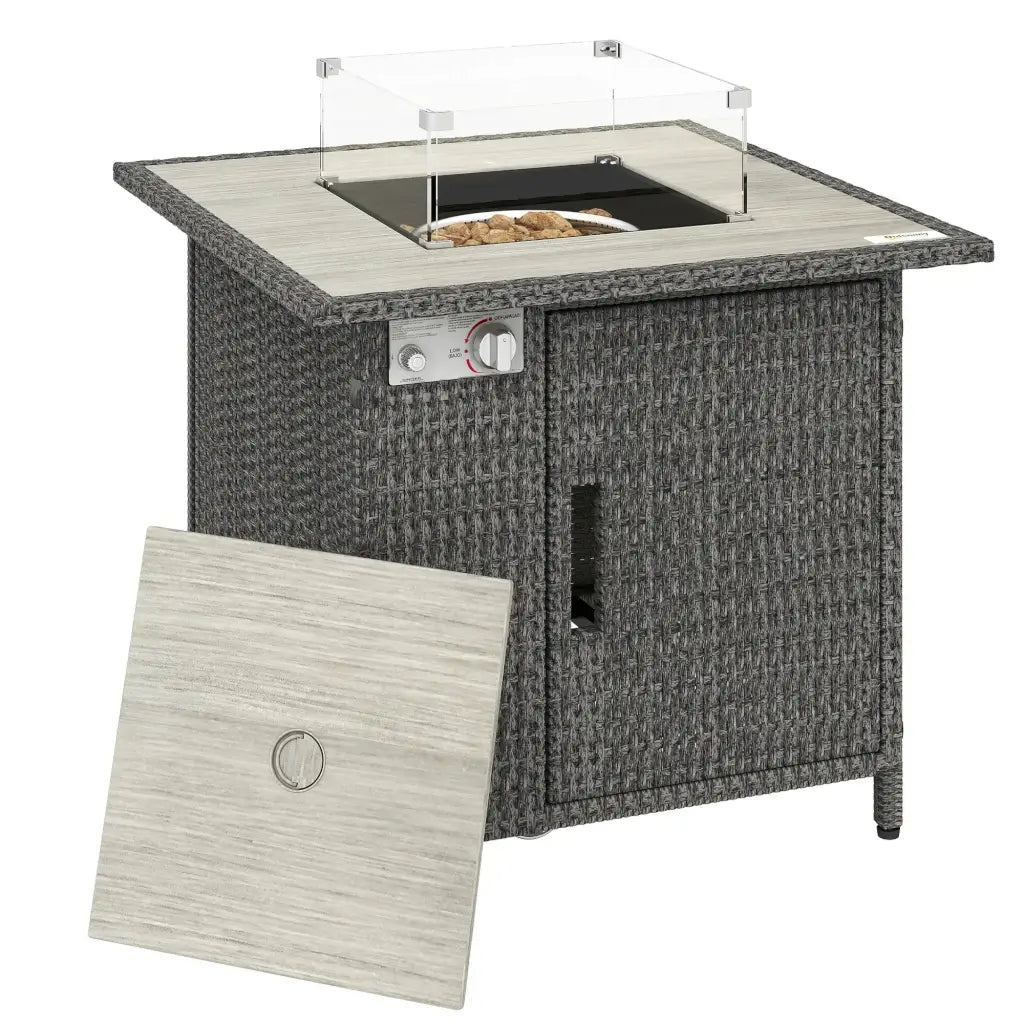 Outsunny Rattan Gas Fire Pit Table – 71cm Square with Wind Guard & Cover | 867 - 123V00CG - Fire Pits, Fireplaces, Heating