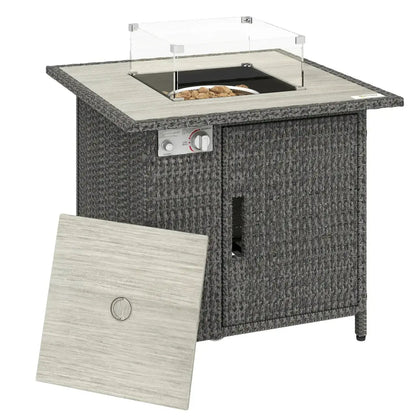 Outsunny Rattan Gas Fire Pit Table – 71cm Square with Wind Guard & Cover | 867 - 123V00CG - Fire Pits, Fireplaces, Heating