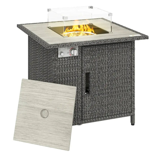 Outsunny Rattan Gas Fire Pit Table – 71cm Square with Wind Guard & Cover | 867 - 123V00CG - Fire Pits, Fireplaces, Heating