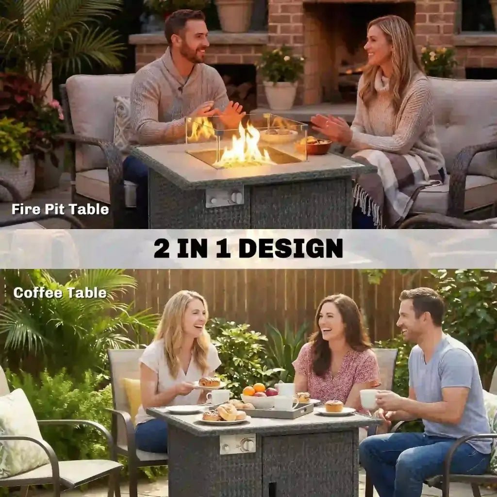 Outsunny Rattan Gas Fire Pit Table – 71cm Square with Wind Guard & Cover | 867 - 123V00CG - Fire Pits, Fireplaces, Heating