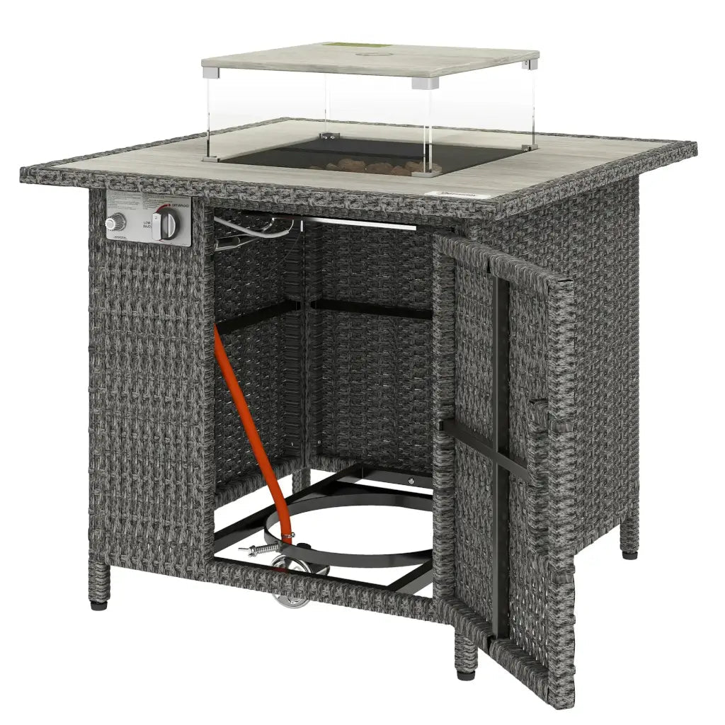 Outsunny Rattan Gas Fire Pit Table – 71cm Square with Wind Guard & Cover | 867 - 123V00CG - Fire Pits, Fireplaces, Heating