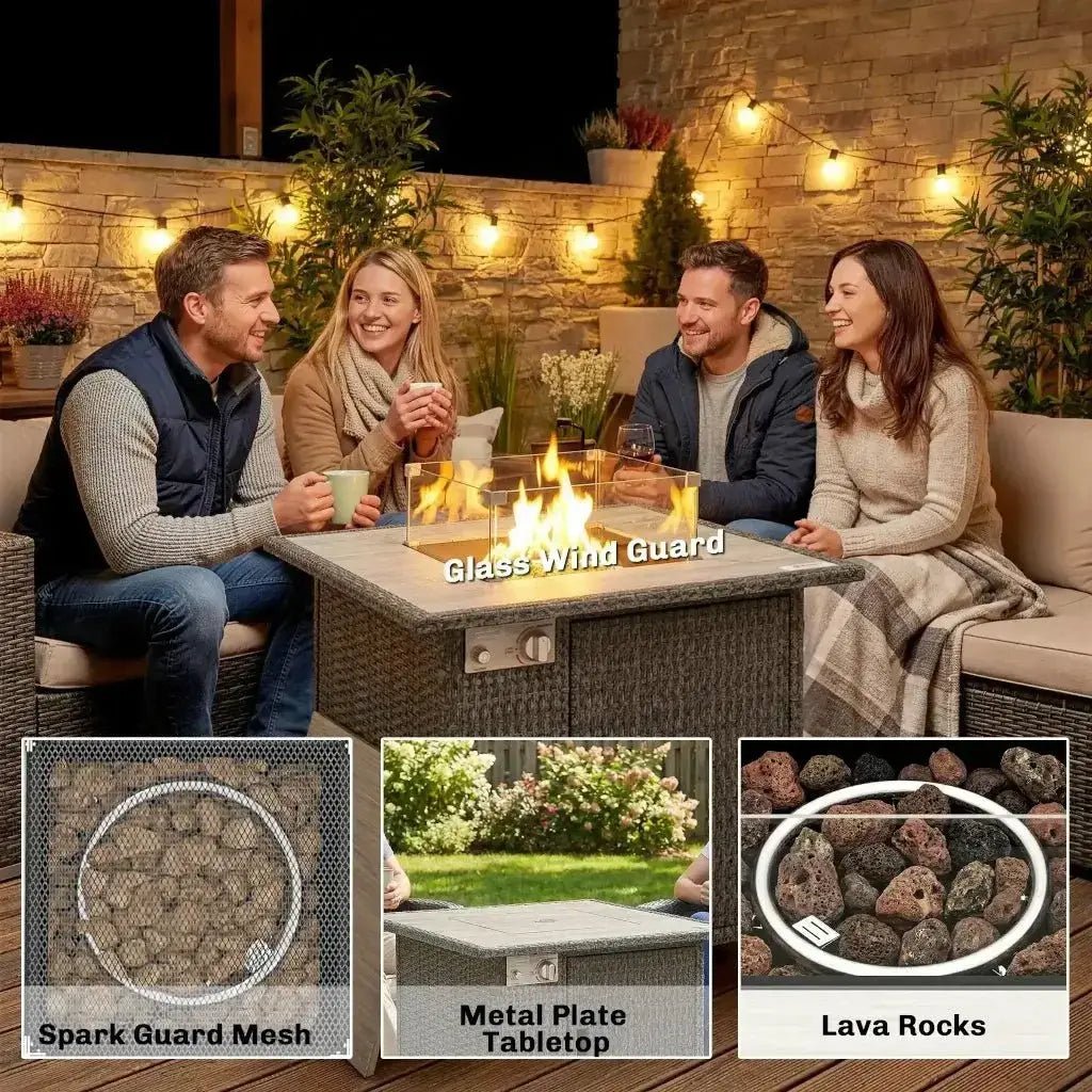 Outsunny Rattan Gas Fire Pit Table – 71cm Square with Wind Guard & Cover | 867 - 123V00CG - Fire Pits, Fireplaces, Heating