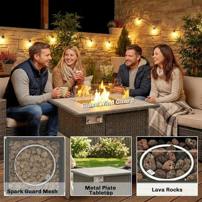 Outsunny Rattan Gas Fire Pit Table – 71cm Square with Wind Guard & Cover | 867 - 123V00CG - Fire Pits, Fireplaces, Heating